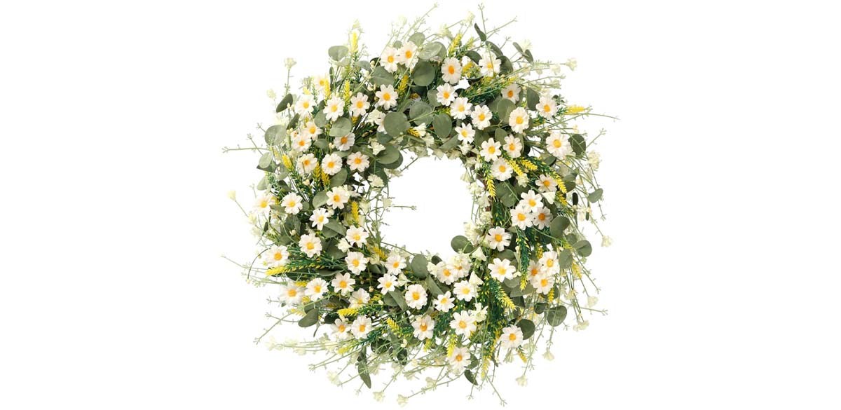 Sggvecsy White Daisy Wreath 24-Inch with Green Eucalyptus Leaves and Lavender