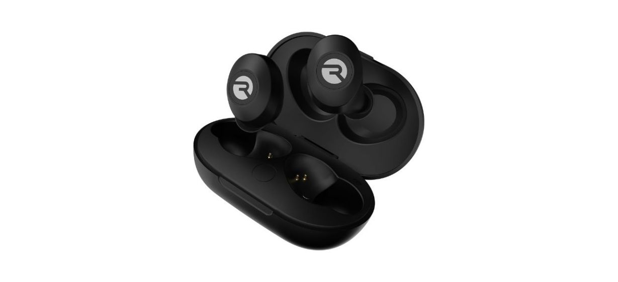 a pair of black wireless earbuds in a case