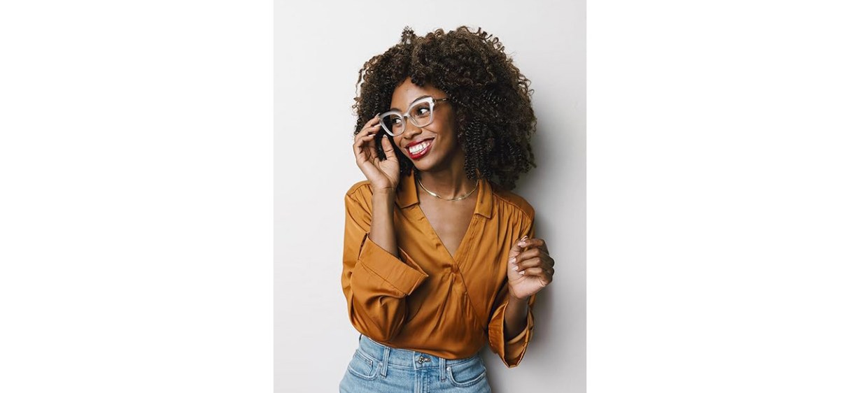 Person wearing Women's Marquee Cat-Eye Blue Light Blocking Reading Glasses
