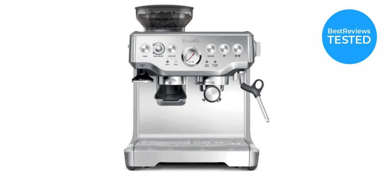 A silver Breville Barista Express Espresso Machine A silver Breville Barista Express Espresso Machine