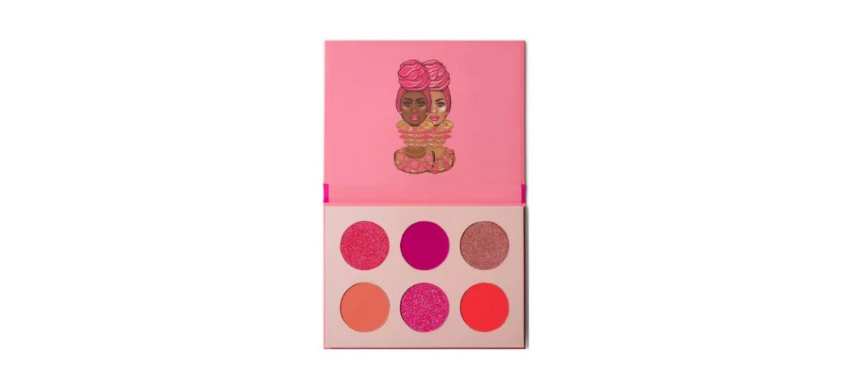 Pink eyeshadow palette with six shades and inside cover art
