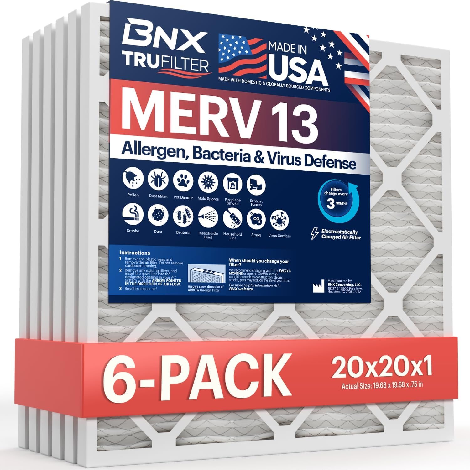 BNX TruFilter 20x20x1 MERV 13 AC Furnace Air Filter