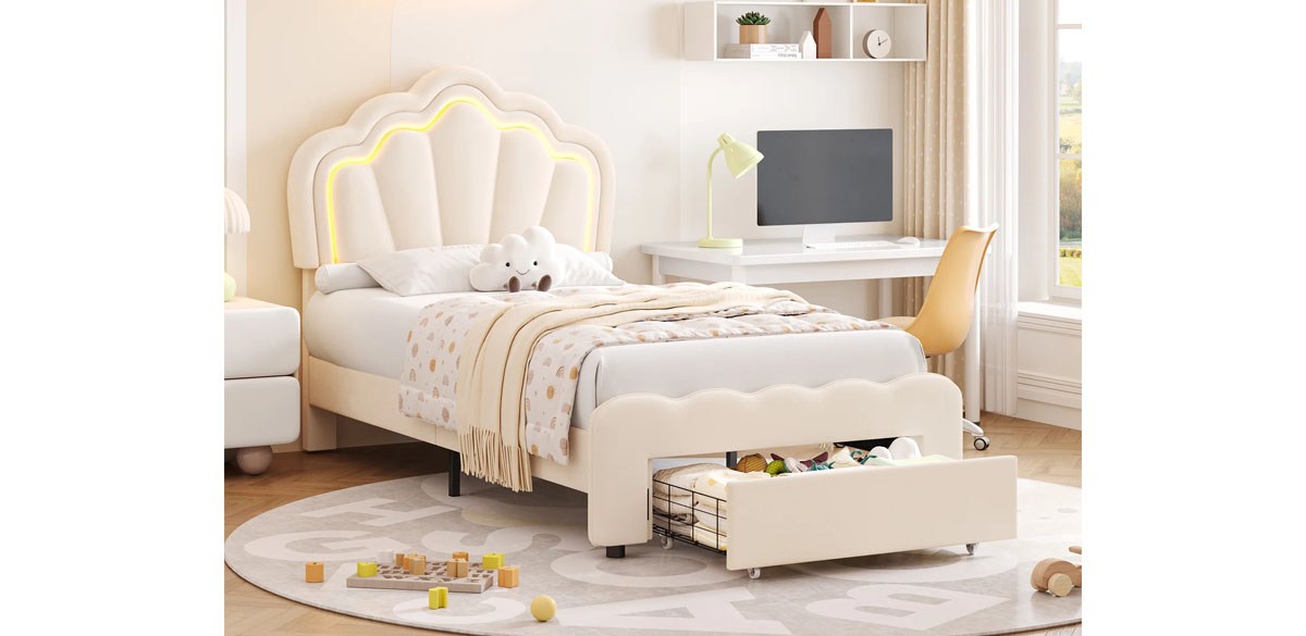 Lark Manor Avalie Upholstered LED Bed with Drawer &amp; Adjustable Headboard