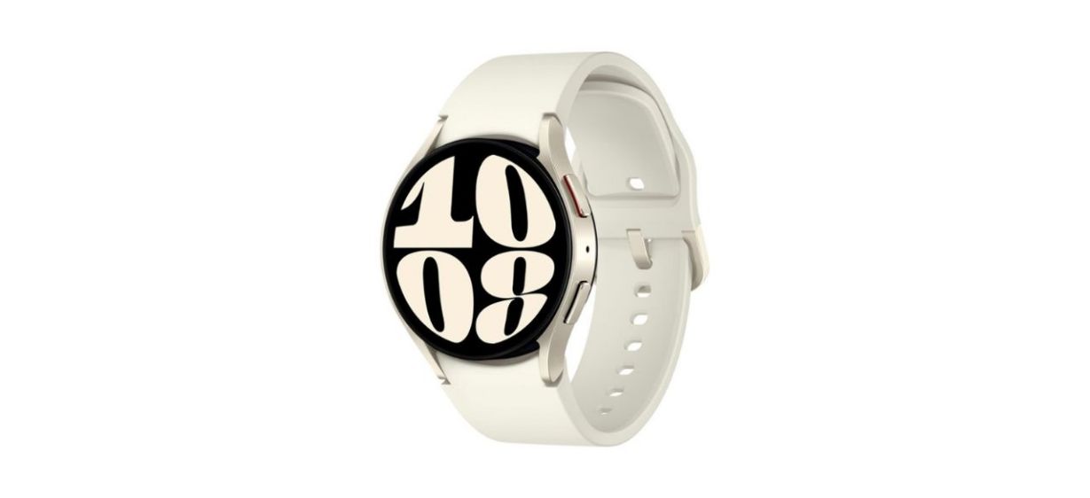Samsung Galaxy Watch6 in cream color with a round watch face