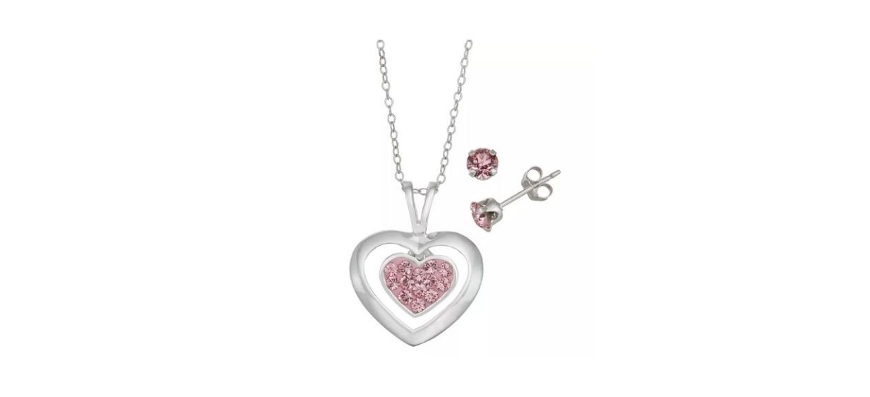 Charming Girl Kids’ Sterling Silver Pink Crystal Heart Pendant &amp; Stud Earring Set