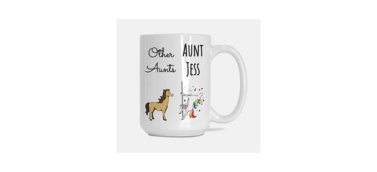  HeraBloomCo Funny Aunt Unicorn Mug on white background with picture of a rainbow unicorn on a stripper pole