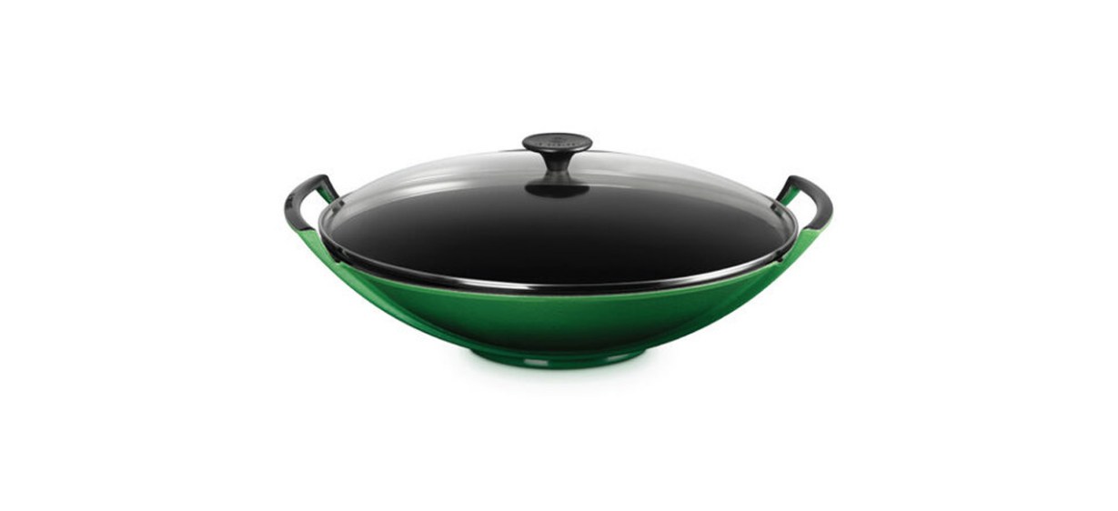 Green Le Creuset Traditional Wok with Glass Lid on white background