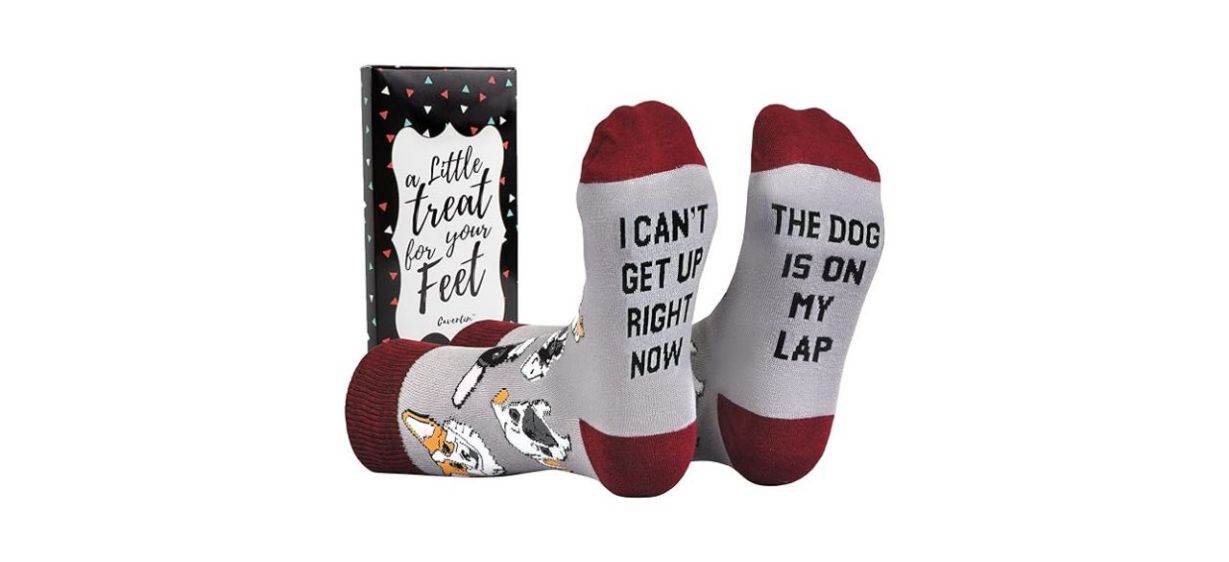 Cavertin Women's Novelty Socks With Gift Box - Dog Mom; gray and red