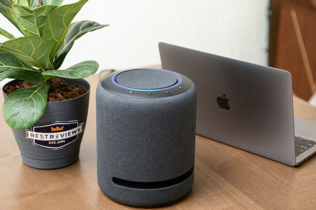 Smart speaker on table next to plant and laptop