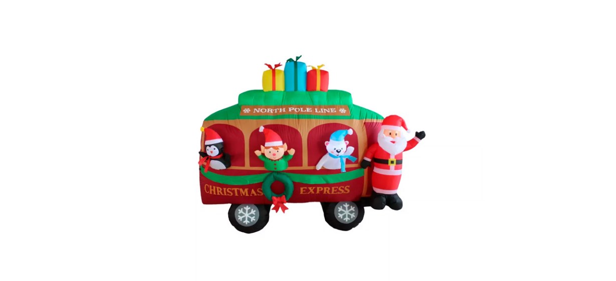 Blow-up outdoor decoration that looks like a train caboose with Santa, a penguin an elf and a polar bear in it