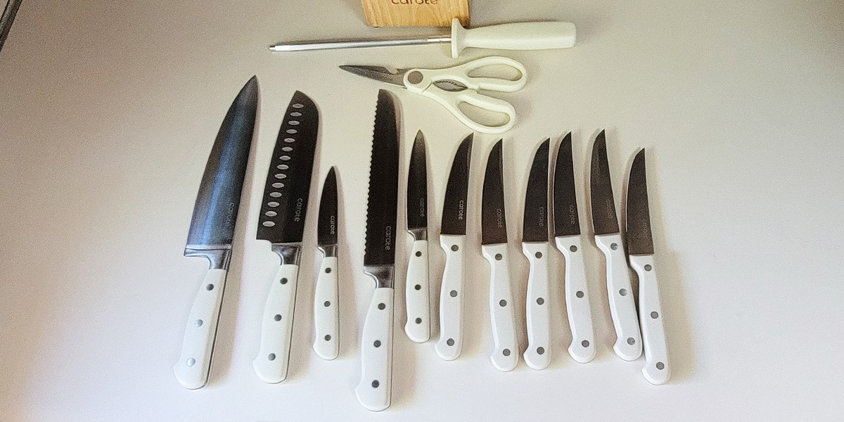 Carote 14-Piece Forged Knife Set pieces displayed on kitchen counter