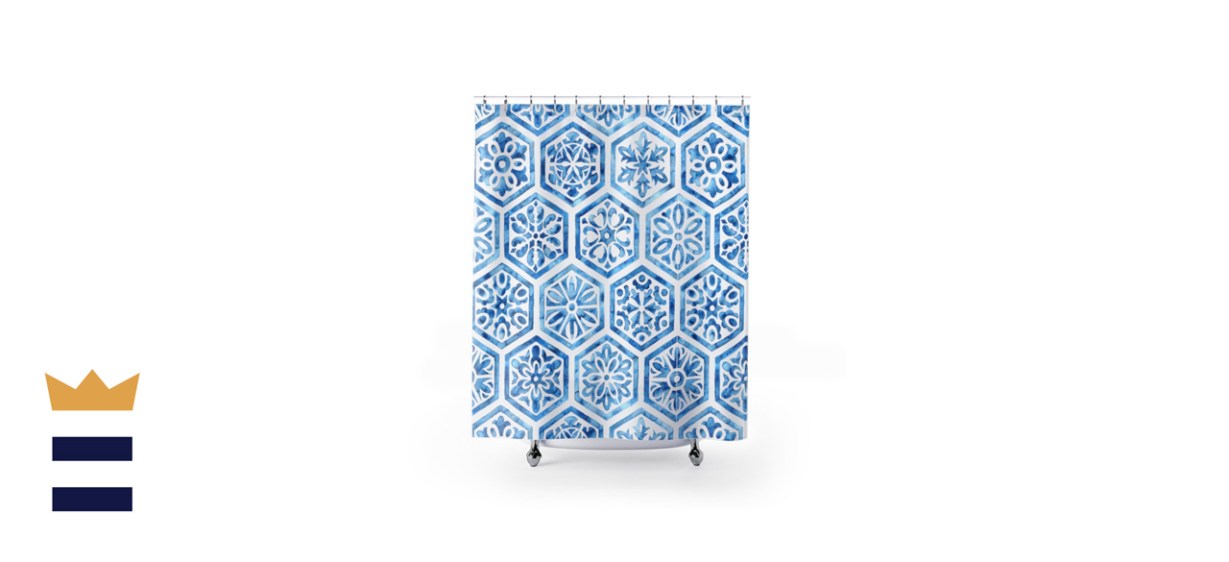 DesignByMerrit Blue and White Tile Watercolor Shower Curtain