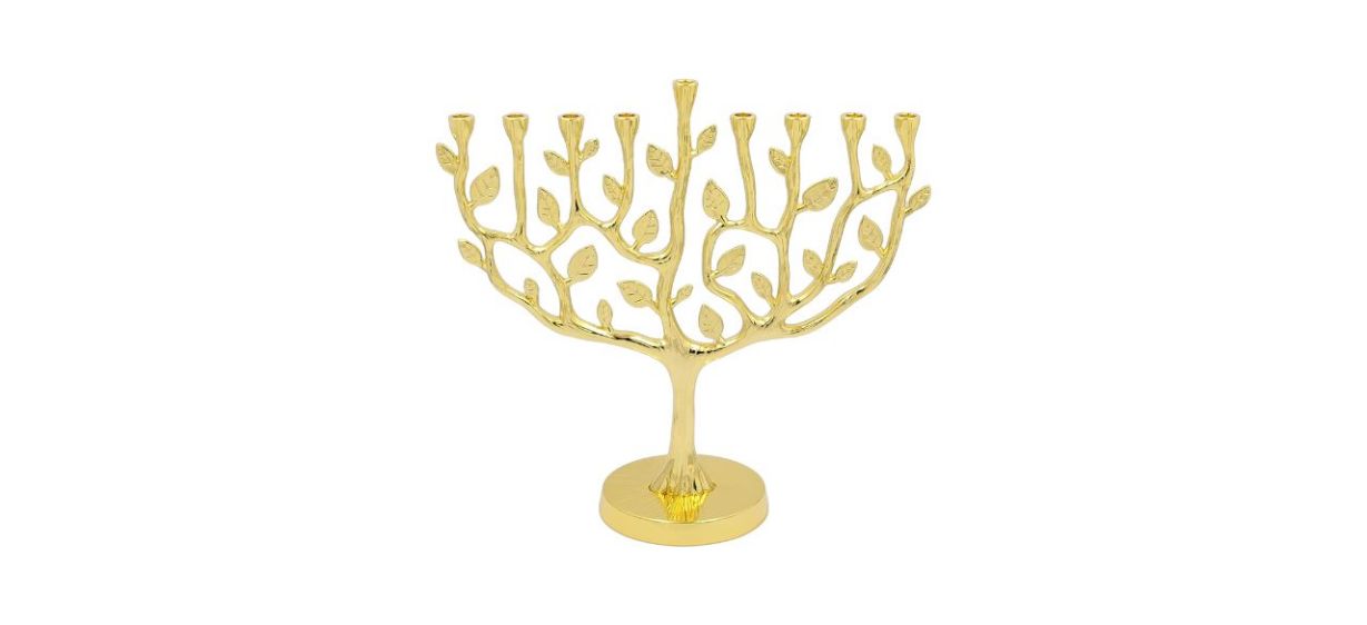 gold-colored menorah that is shaped like a tree with branches where the candles go