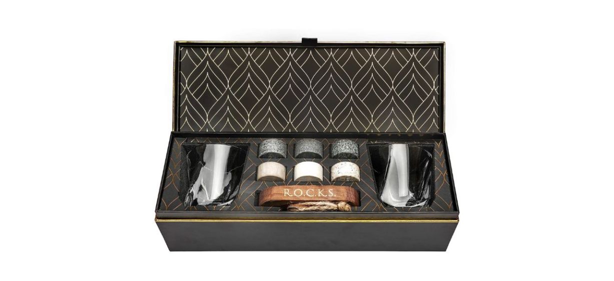 Whiskey Chilling Stones Set in a box with a white background