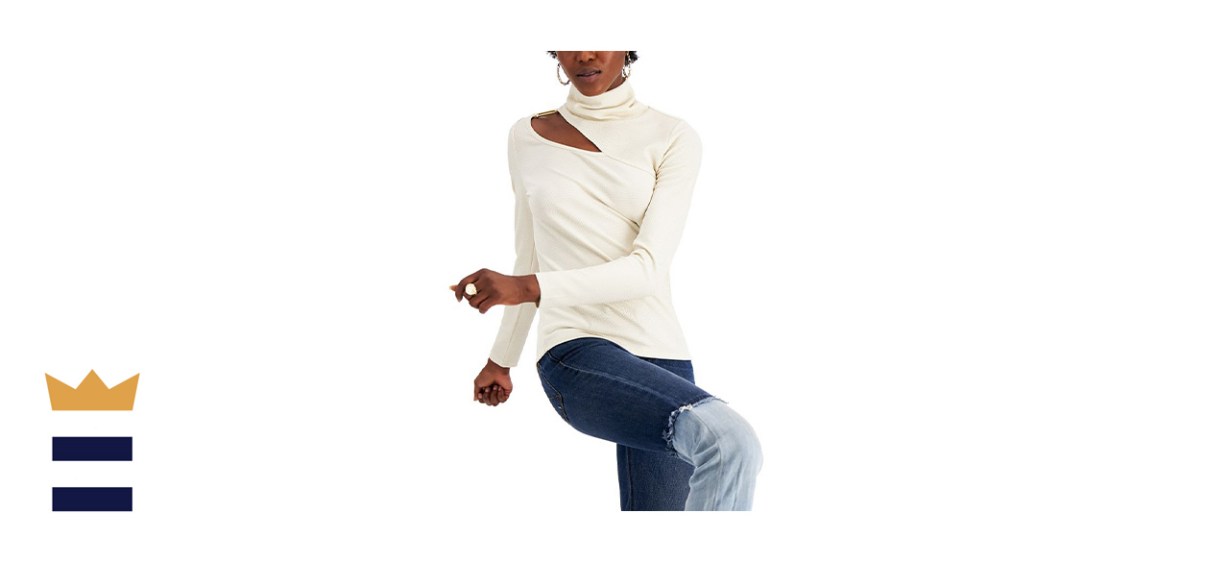 Willow Drive Slash Detail Turtleneck Top in Ivory Gold