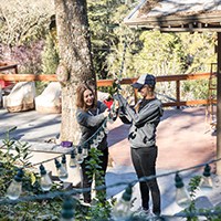 two women setting up string lights outdoors