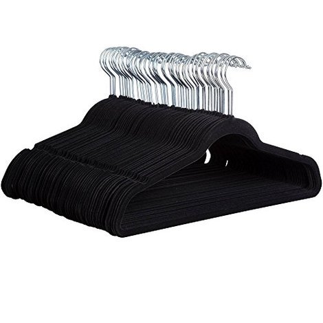 HOUSE DAY Black Velvet Shirt Hangers 50 Pack Non Slip Felt Hangers Included Space Saving Flocked Flower Scarf Hanger and 10 PCS Clips